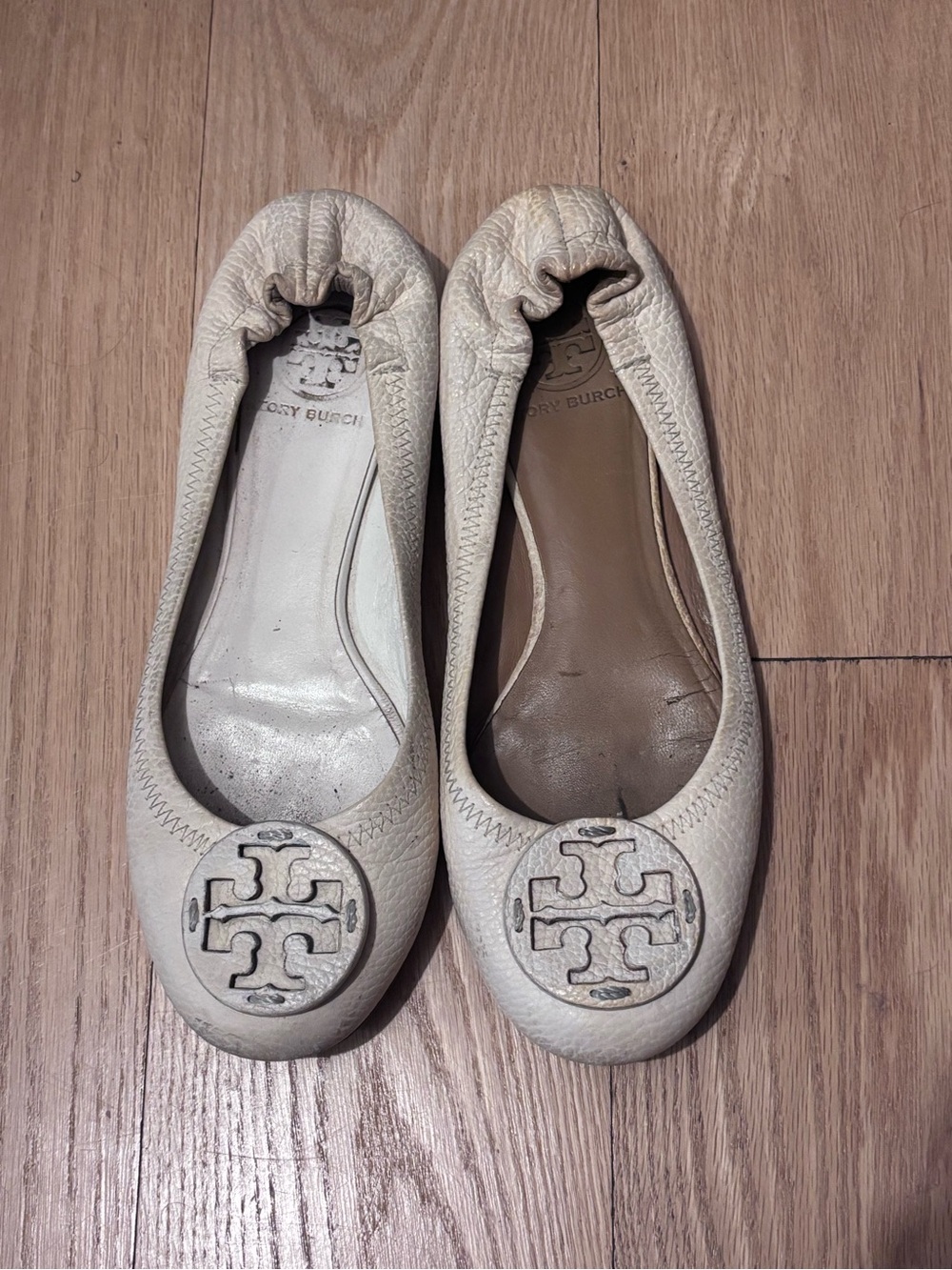 Tory Burch Ivory Leather Logo Ballet Flats